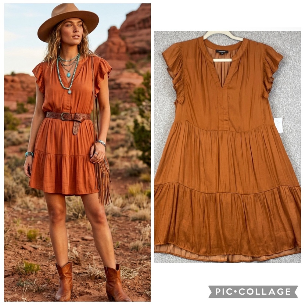 Mittoshop ruffle tiered mini dress L desert clay boho satin finish western